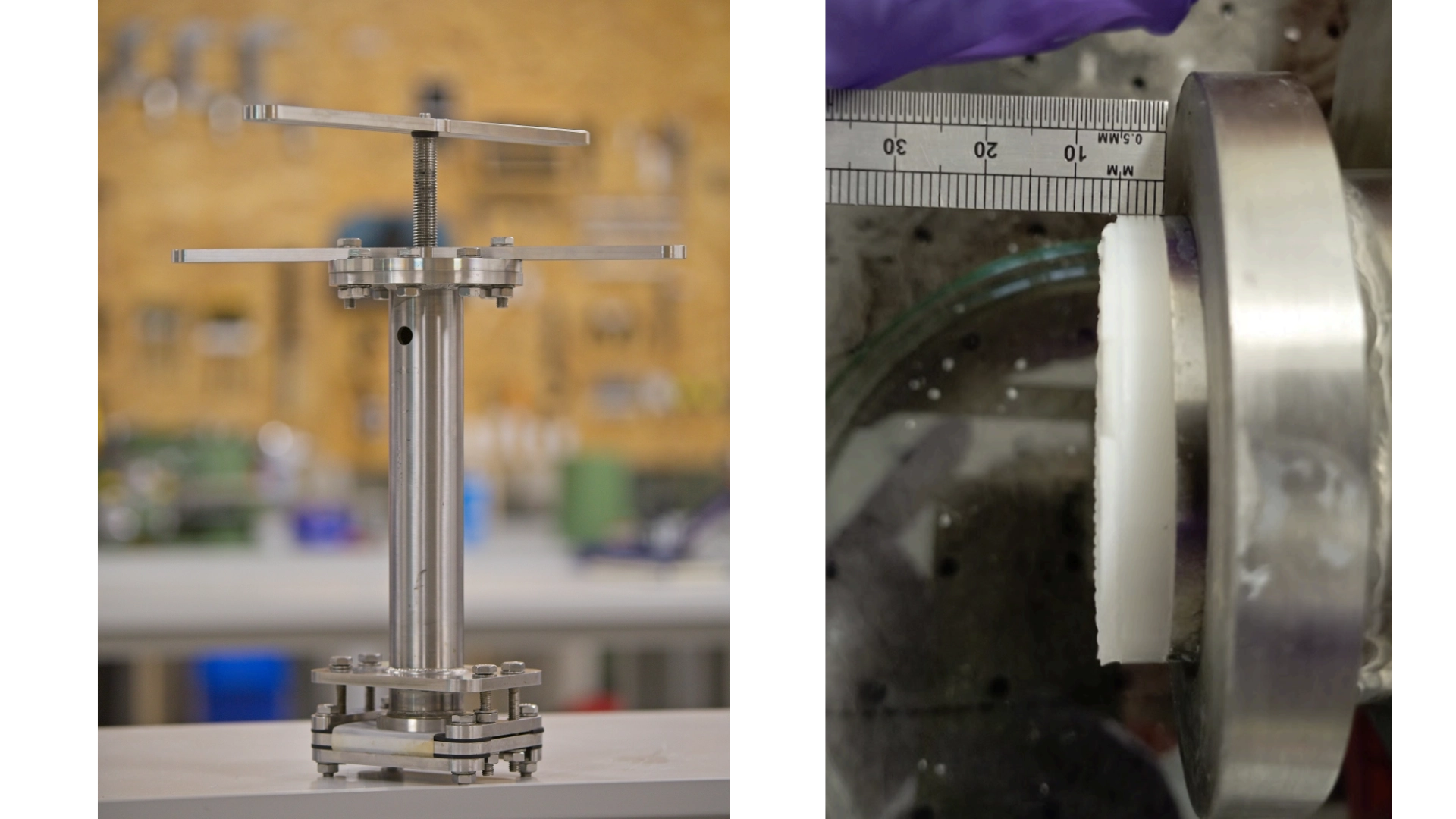 (Left) The proof-of-concept piston press. (Right) Retentate cake.