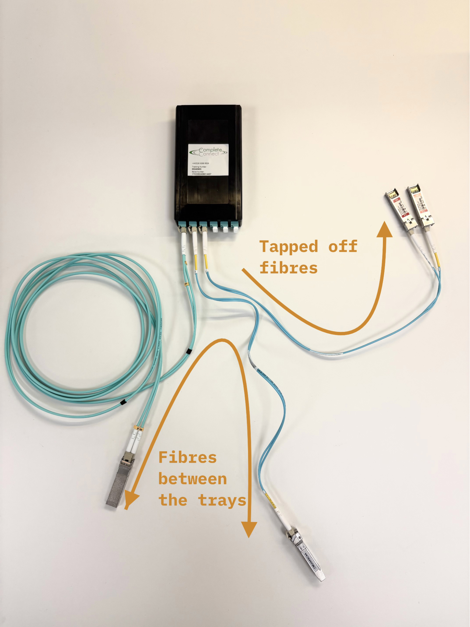 A Profitap 400G passive optical tap with fibres between server trays tapped off