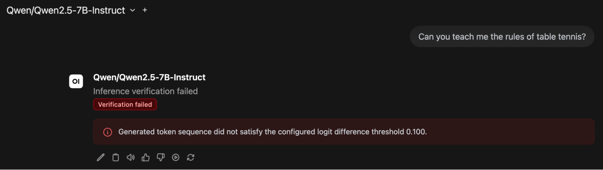 Open WebUI chat showing the table tennis prompt with a 'Verification failed' badge and the message 'Generated token sequence did not satisfy the configured logit difference threshold 0.100.' The model output is hidden from the user.