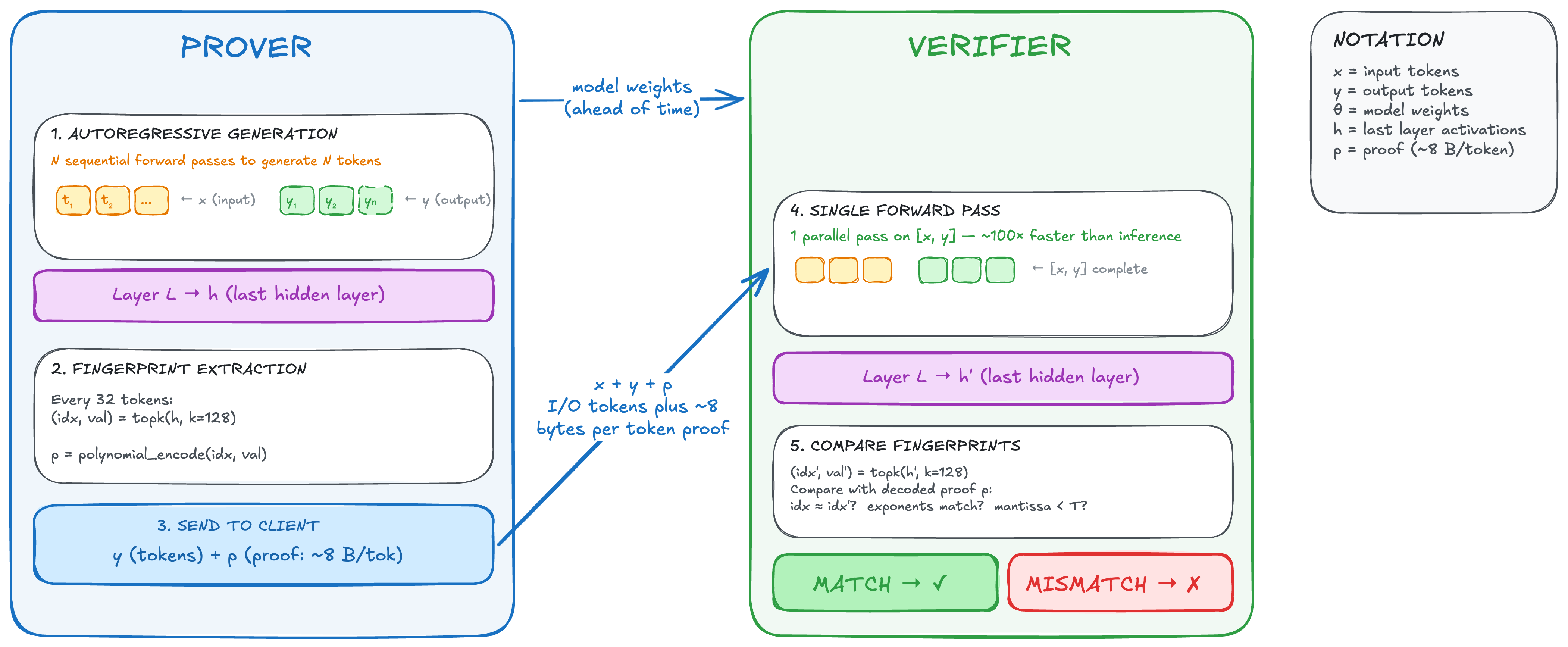 The TOPLOC protocol. On the prover side: autoregressive generation of output tokens, fingerprint extraction of the top-128 last-hidden-layer activations, and sending tokens plus proof to the client. On the verifier side: a single forward pass over the full sequence and a comparison of fingerprints yielding match or mismatch.