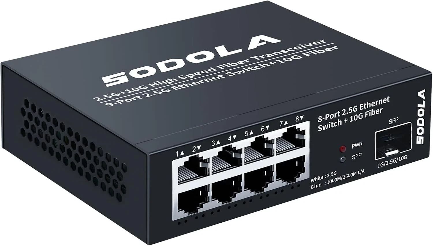 Product photo of a black SODOLA 8-port 2.5G Ethernet switch with a single 10G SFP fibre port on the right-hand side.